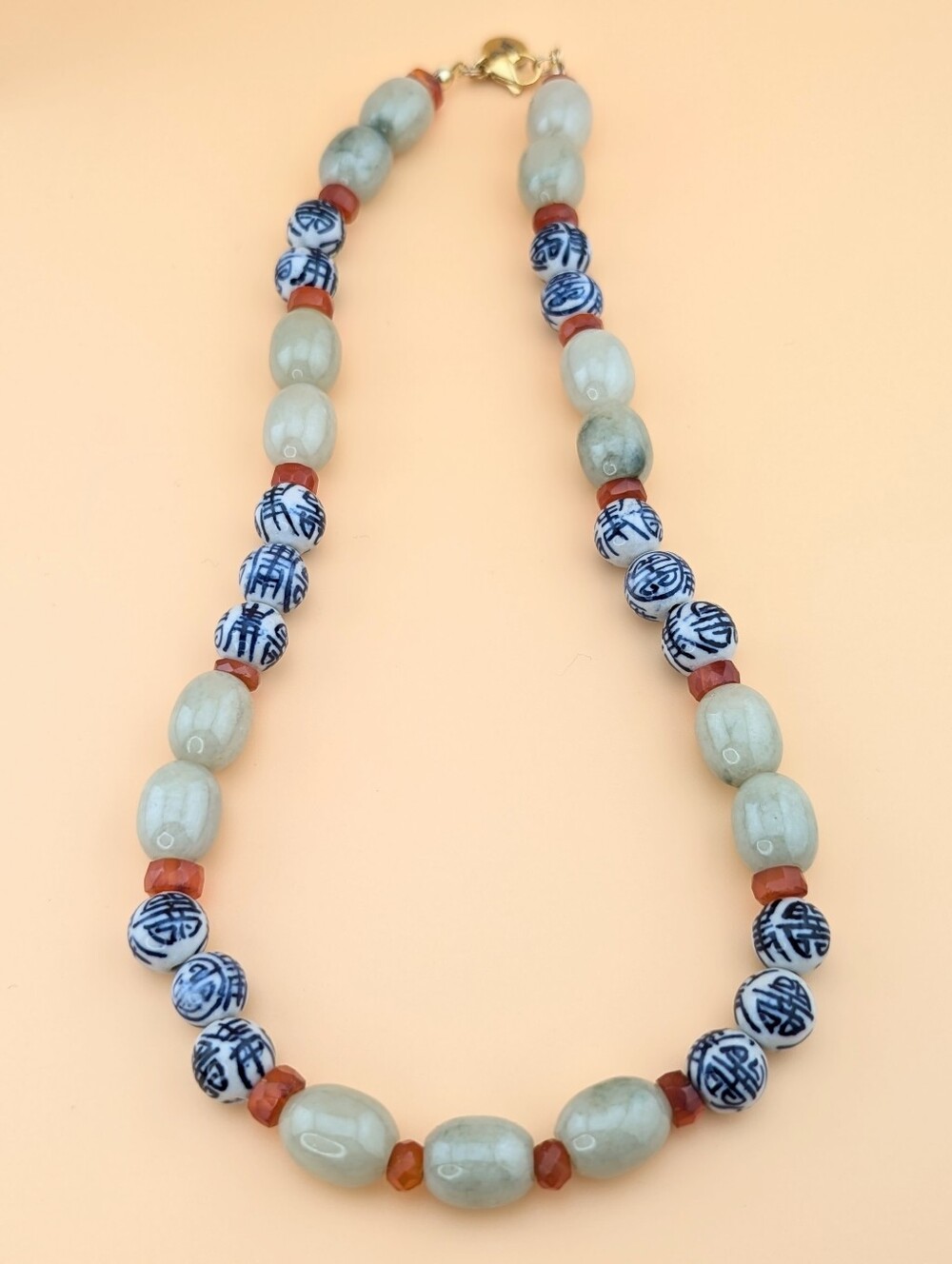 NWT Vintage Chinese Jade Carnelian Porcelain Shou Export Beaded Necklace